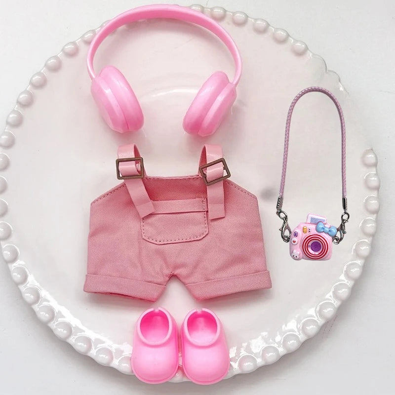 17cm Mini Plush Doll'S Clothes Outfit Accessories For Korea Kpop Exo Labubu Idol Dolls Corduroy overalls T-shirt Clothing Gift