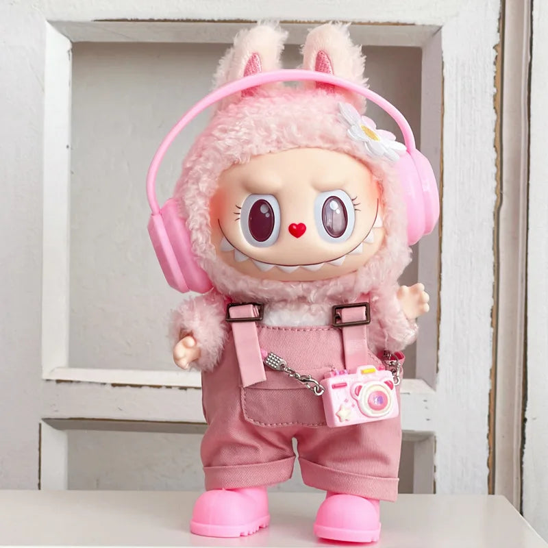 17cm Mini Plush Doll'S Clothes Outfit Accessories For Korea Kpop Exo Labubu Idol Dolls Corduroy overalls T-shirt Clothing Gift
