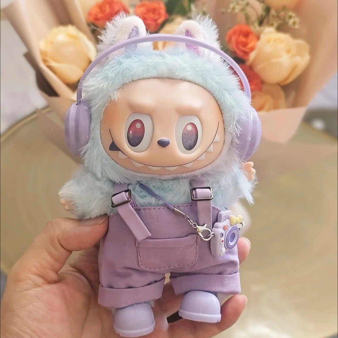 17cm Mini Plush Doll'S Clothes Outfit Accessories For Korea Kpop Exo Labubu Idol Dolls Corduroy overalls T-shirt Clothing Gift